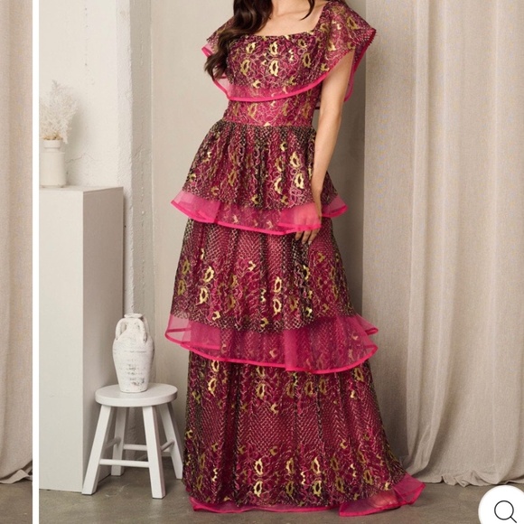 TIERED FUCHSIA MAXI PARTY GOWN DRESS - Picture 4 of 13